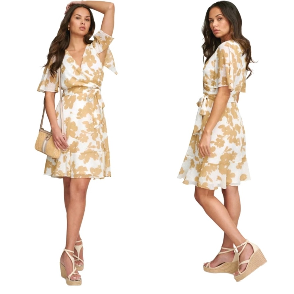 DKNY Cream and Tan Floral Midi Dress
